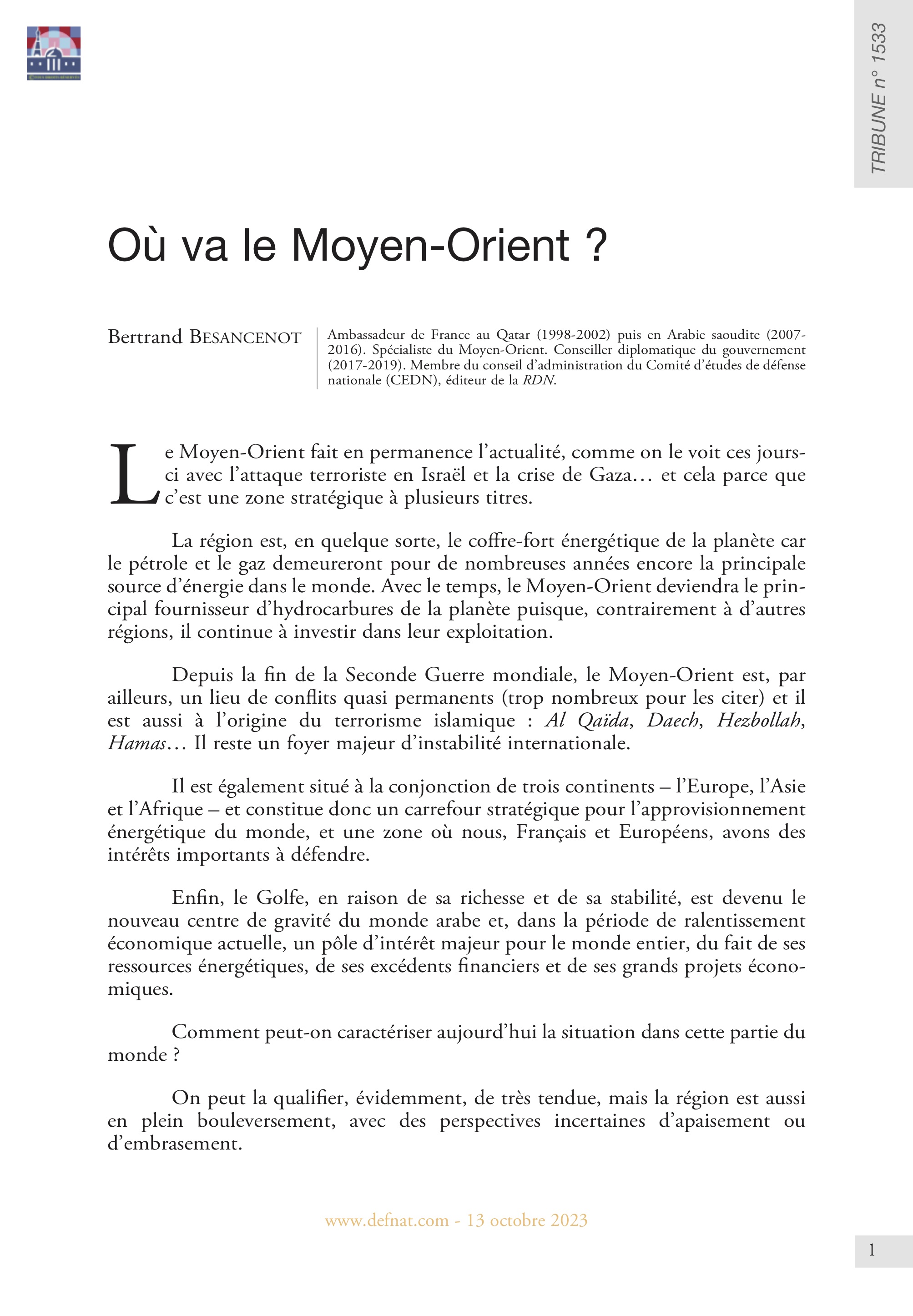 Où va le Moyen-Orient ? (T 1533)
